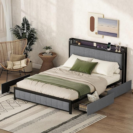 Queen Bed Frame with Storage Shelves & USB Charging Ports Headboard