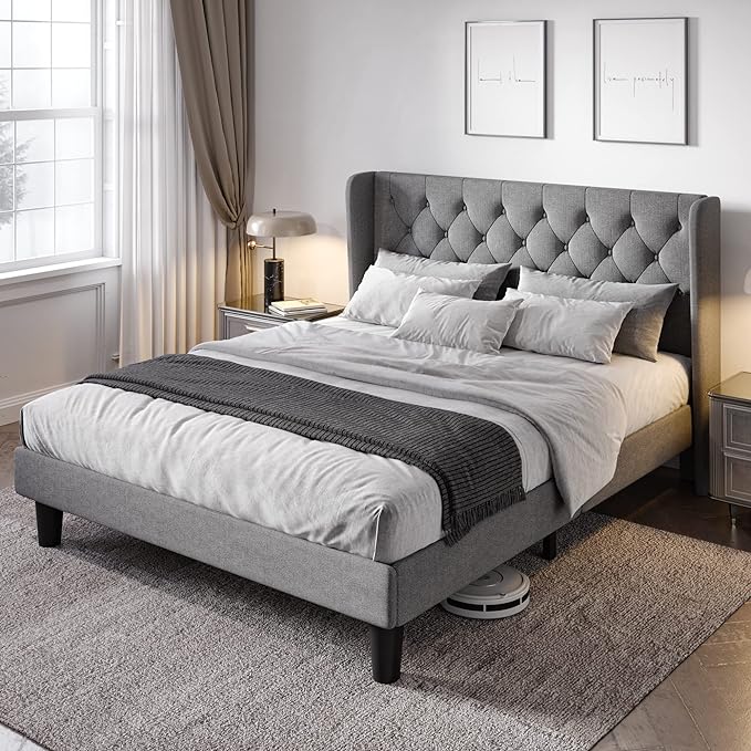 Queen Size Bed Frame with Button Tufted Wingback Headboard, Modern Upholstered