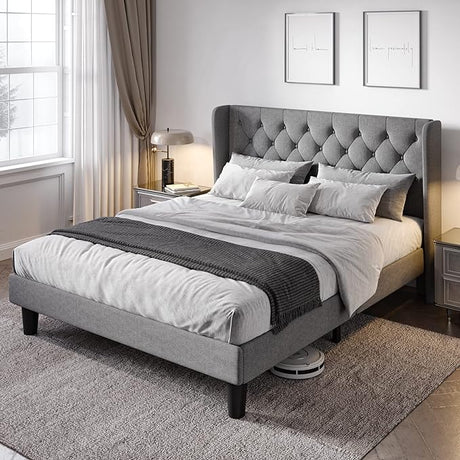 Queen Size Bed Frame with Button Tufted Wingback Headboard, Modern Upholstered