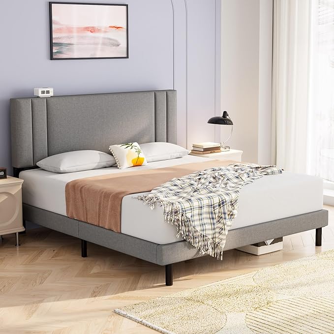 King Bed Frame with Headboard, Upholstered Platform Bed Frame