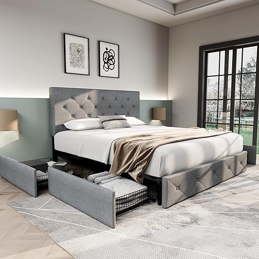 Upholstered Full Size Platform Bed Frame with 4 Storage Drawers and Headboard
