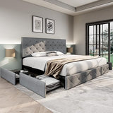 Upholstered King Size Platform Bed Frame with 4 Storage Drawers