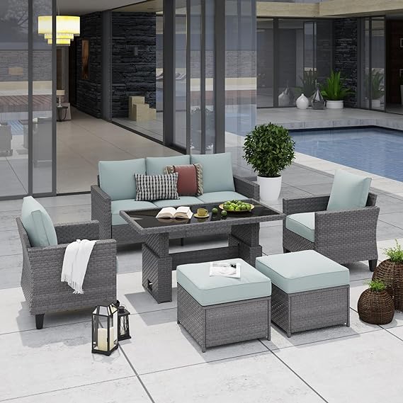 Outdoor Patio Furniture Set 6 Piece Wicker Conversation Set with Lift Coffee Table