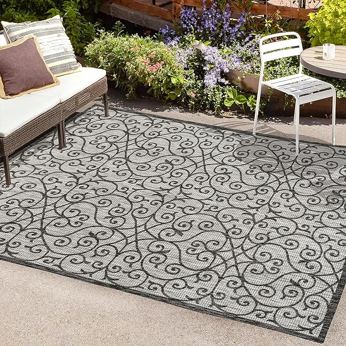 Y Madrid Vintage Filigree Textured Weave Indoor/Outdoor Black/Khaki