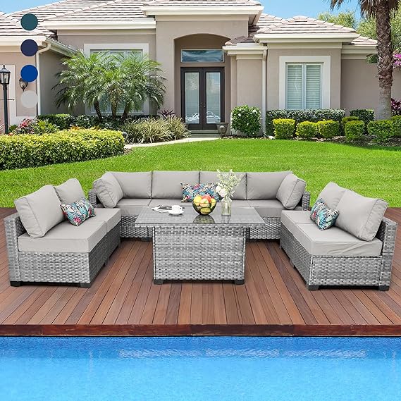 Patio Furniture Sectional Sofa Set 9 Pieces Outdoor Wicker Furniture Couch Storage Glass