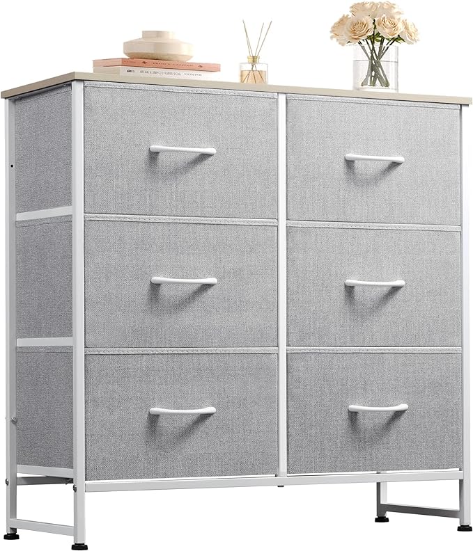 Fabric Dresser for Bedroom, 6 Drawer Double Dresser, Storage Tower with Fabric Bins