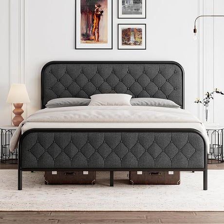 Full Size Bed Frame, Upholstered Bed Frame with Diamond Tufted Headboard