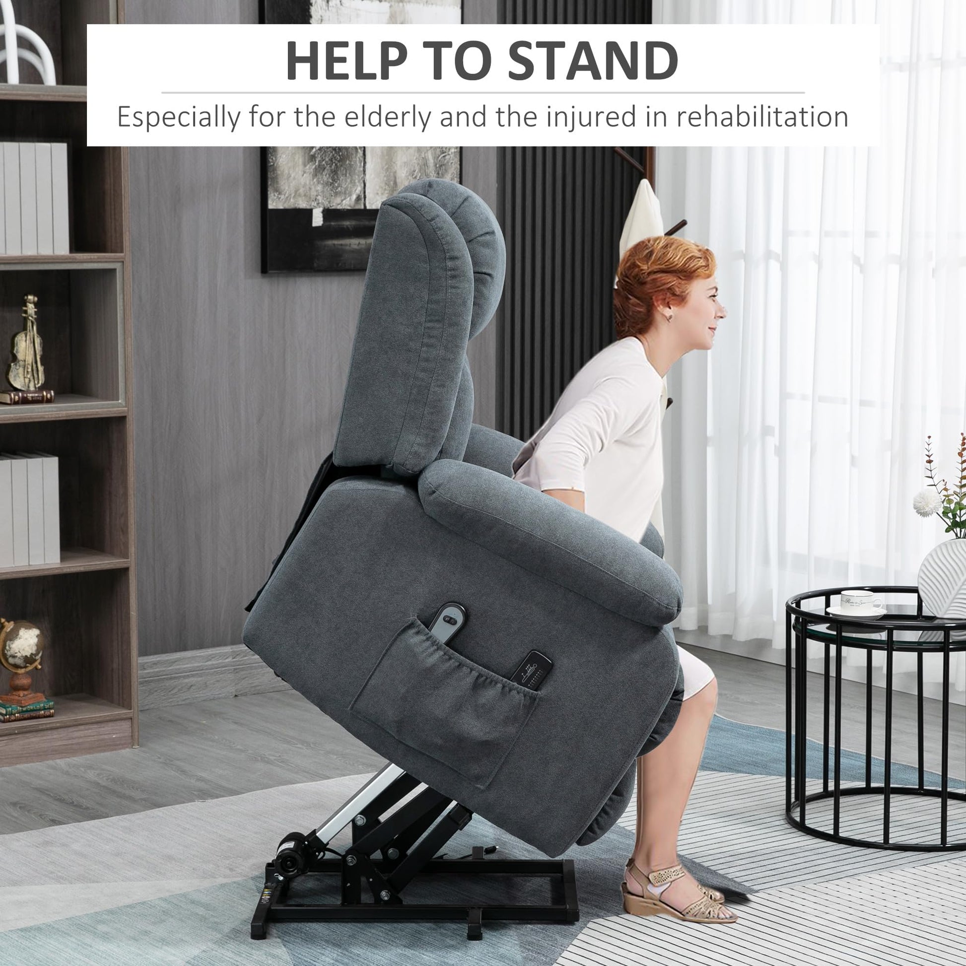 Linen Power Recliner with Massage, Lift, and Anti-Tip Base – Side View
