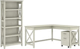 Key West 60W L Shaped Desk with Mobile File Cabinet and 5 Shelf Bookcase