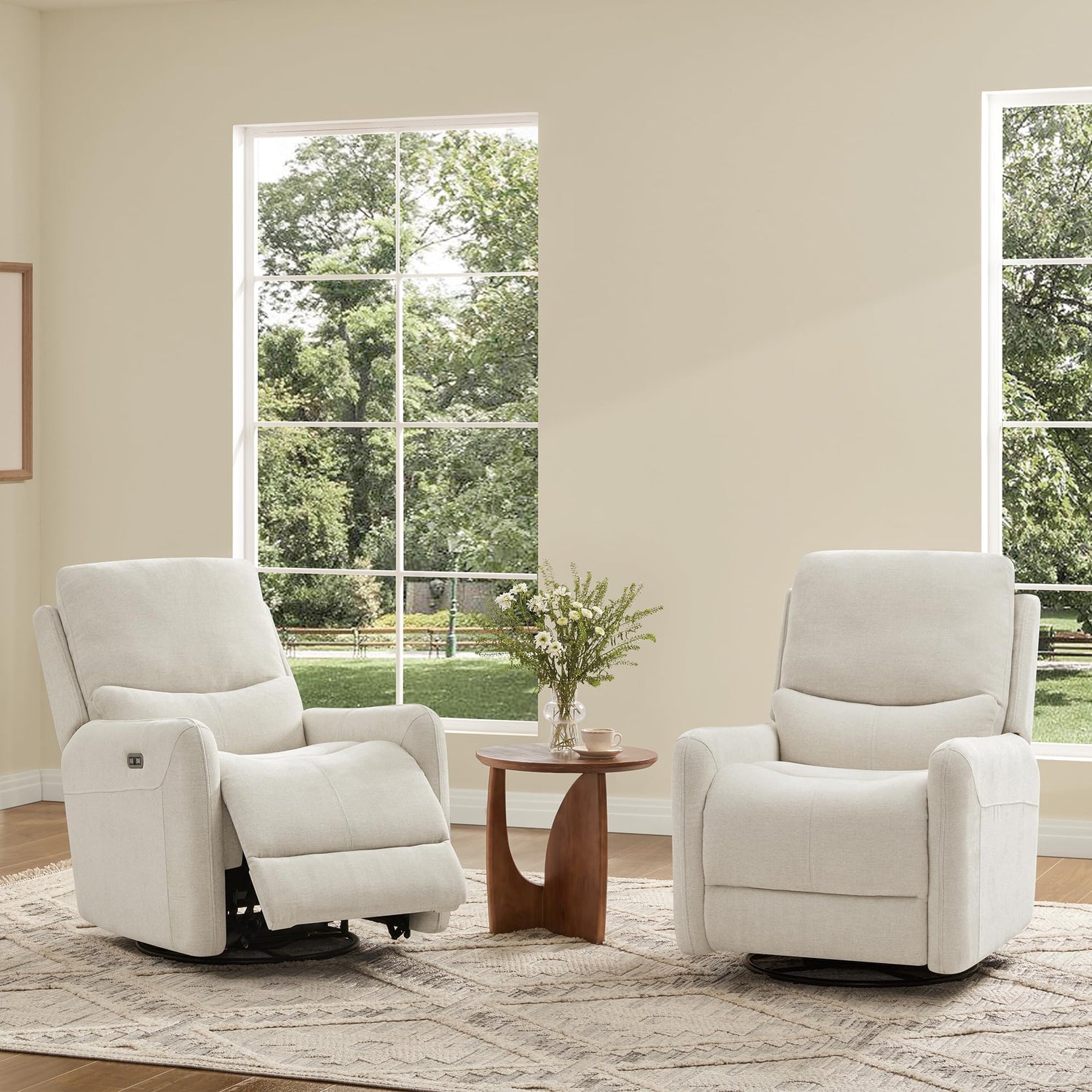 Linen power recliner chair in living room with window backdrop