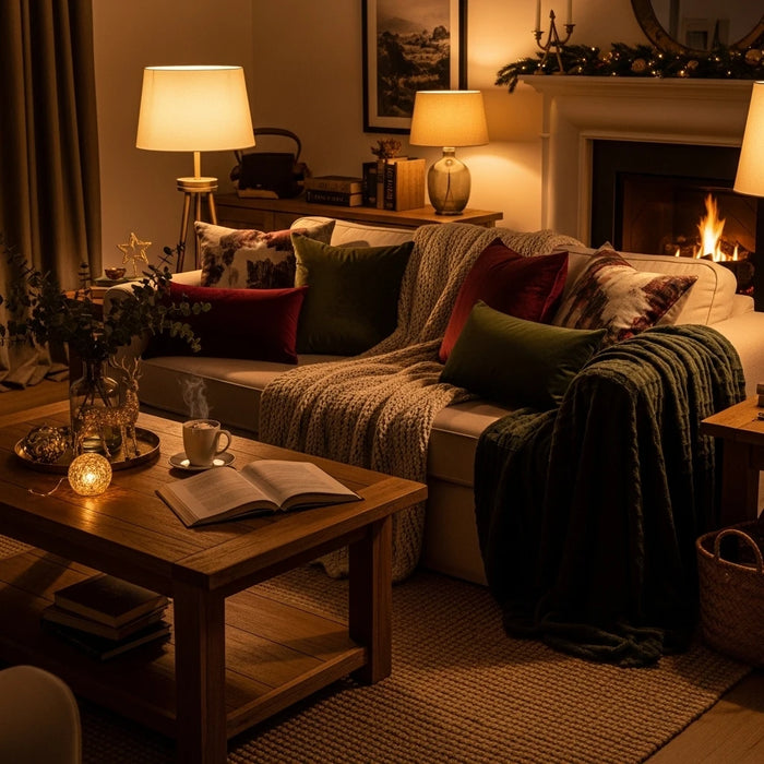 A cozy living room with a fireplace, decorated for festive connection.