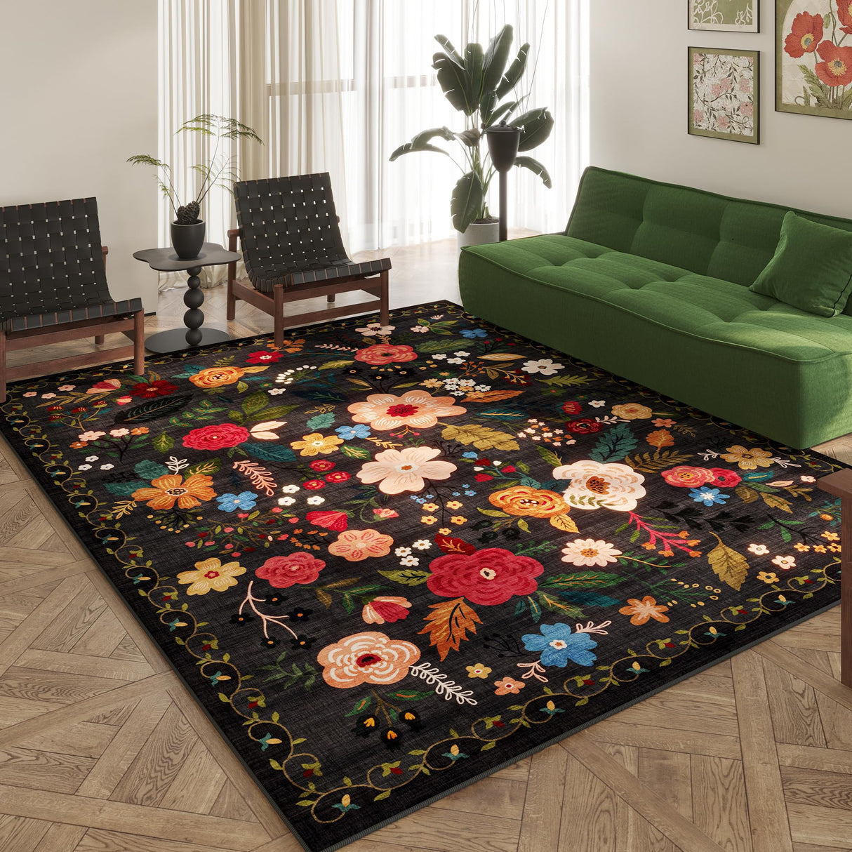 Vintage Low-Pile Rug with Non-Slip Backing – Beige & Blue Colors