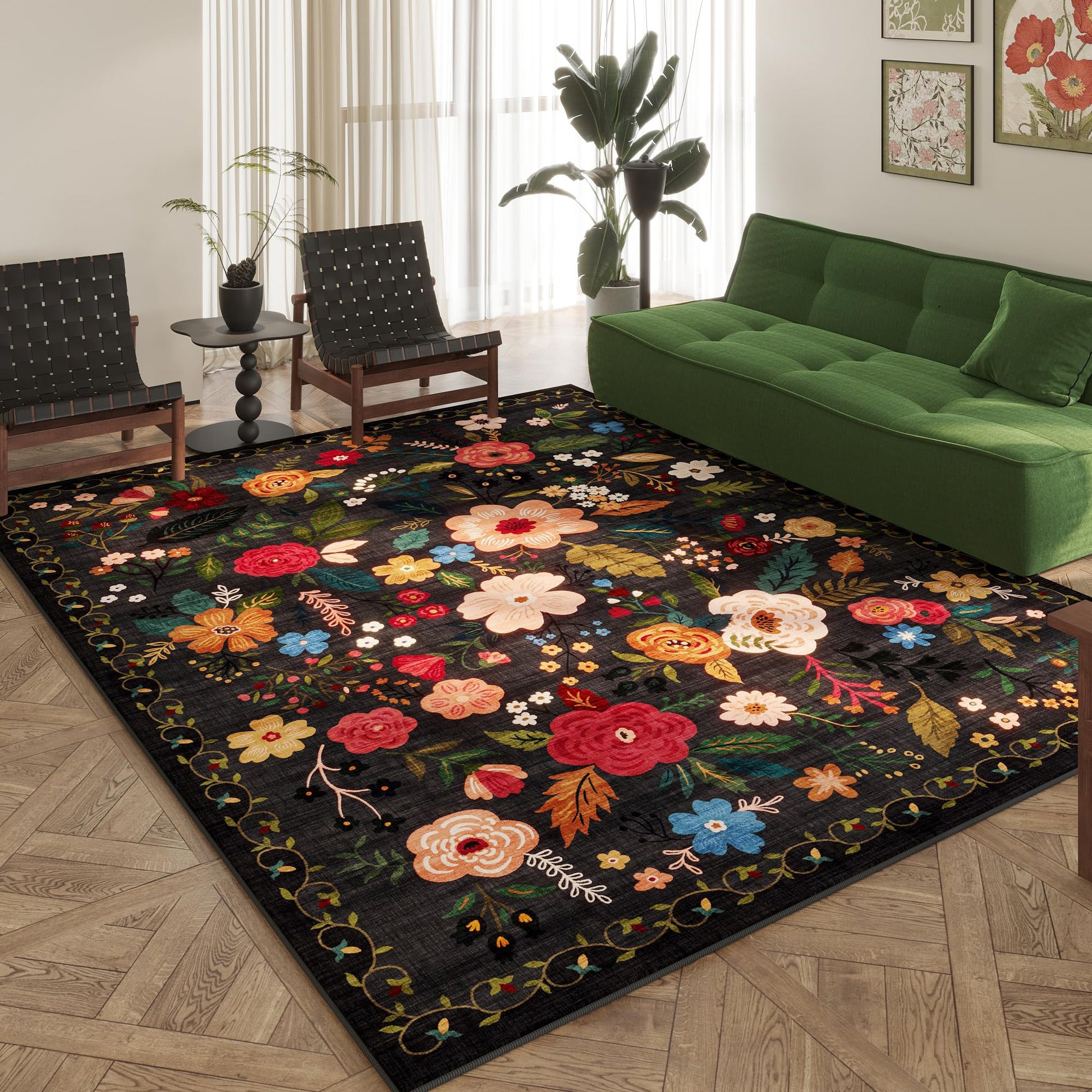 Vintage Low-Pile Rug with Non-Slip Backing – Beige & Blue Colors