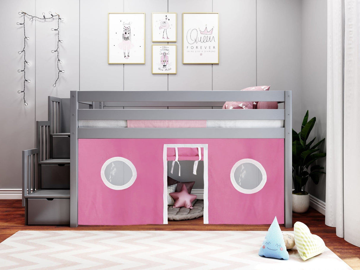 Low loft twin bed with stairway and pink & white tent for kids