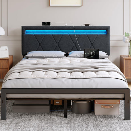 LumeoGlow Upholstered Bed Frame with LED Lights and Charging Station