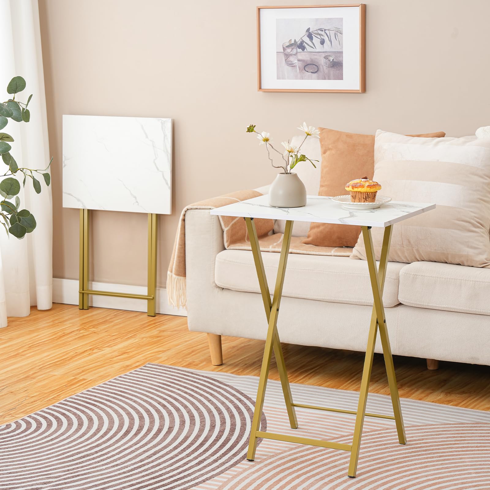 Marble Top Snack Table with Foldable Design

