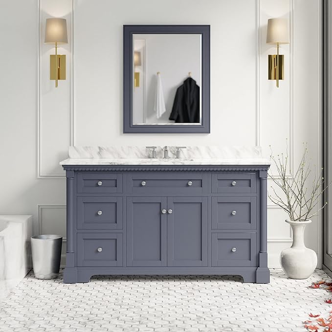 Single Bathroom Vanity Includes White Cabinet with Authentic Italian Carrara Marble