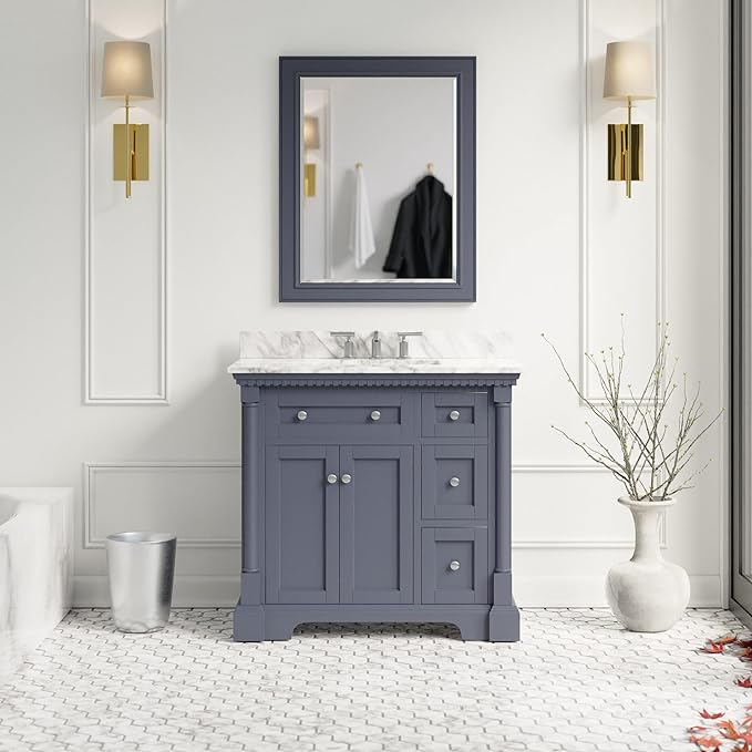 Sydney 36-inch Bathroom Vanity Includes White Cabinet with Authentic Italian Carrara Marble Countertop and White Ceramic Sink