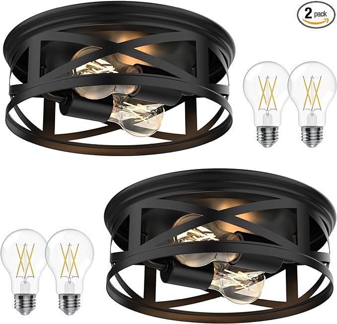 2-Light Flush Mount Ceiling Light Fixture, Hallway Matte Black Outdoor Industrial Lights