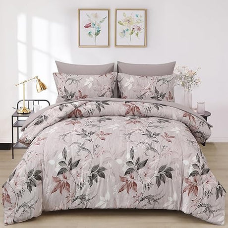 Botanical Comforter Set  in a Bag Grey Botanical Floral Comforter