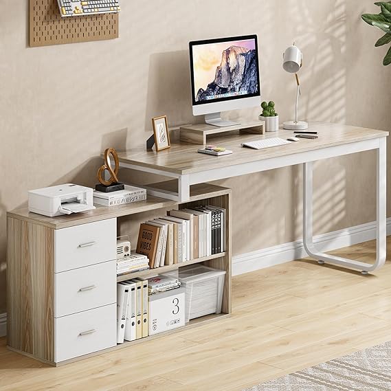 MaverickFurni 55" Home Office Desk with 3 Drawers & Storage Shelves – Walnut & White