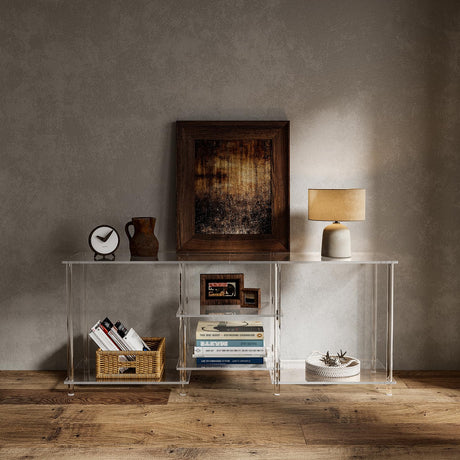 Minimalist acrylic stand setup in a contemporary living room.