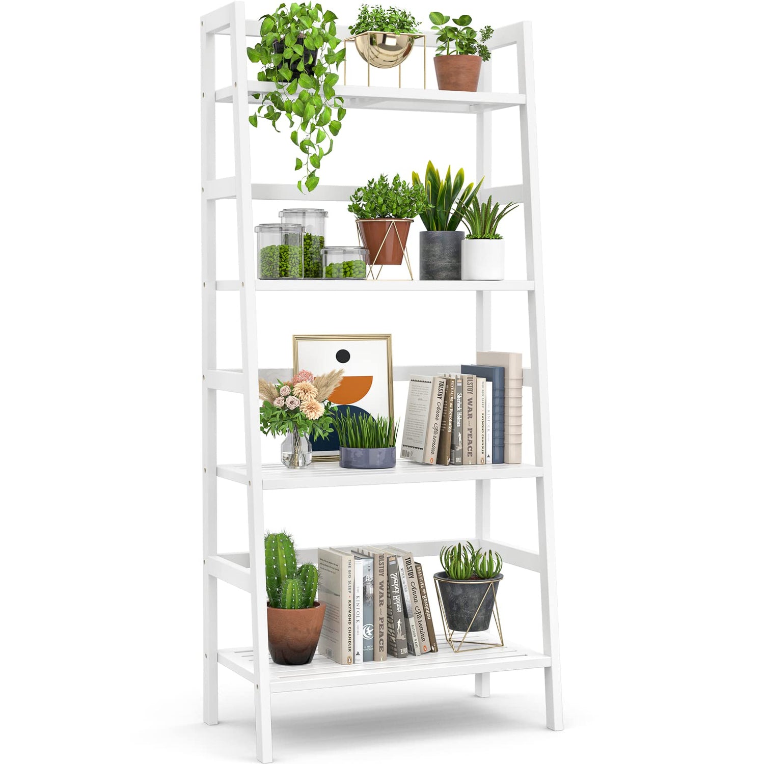 Minimalist bamboo storage rack for plants, books, and essentials