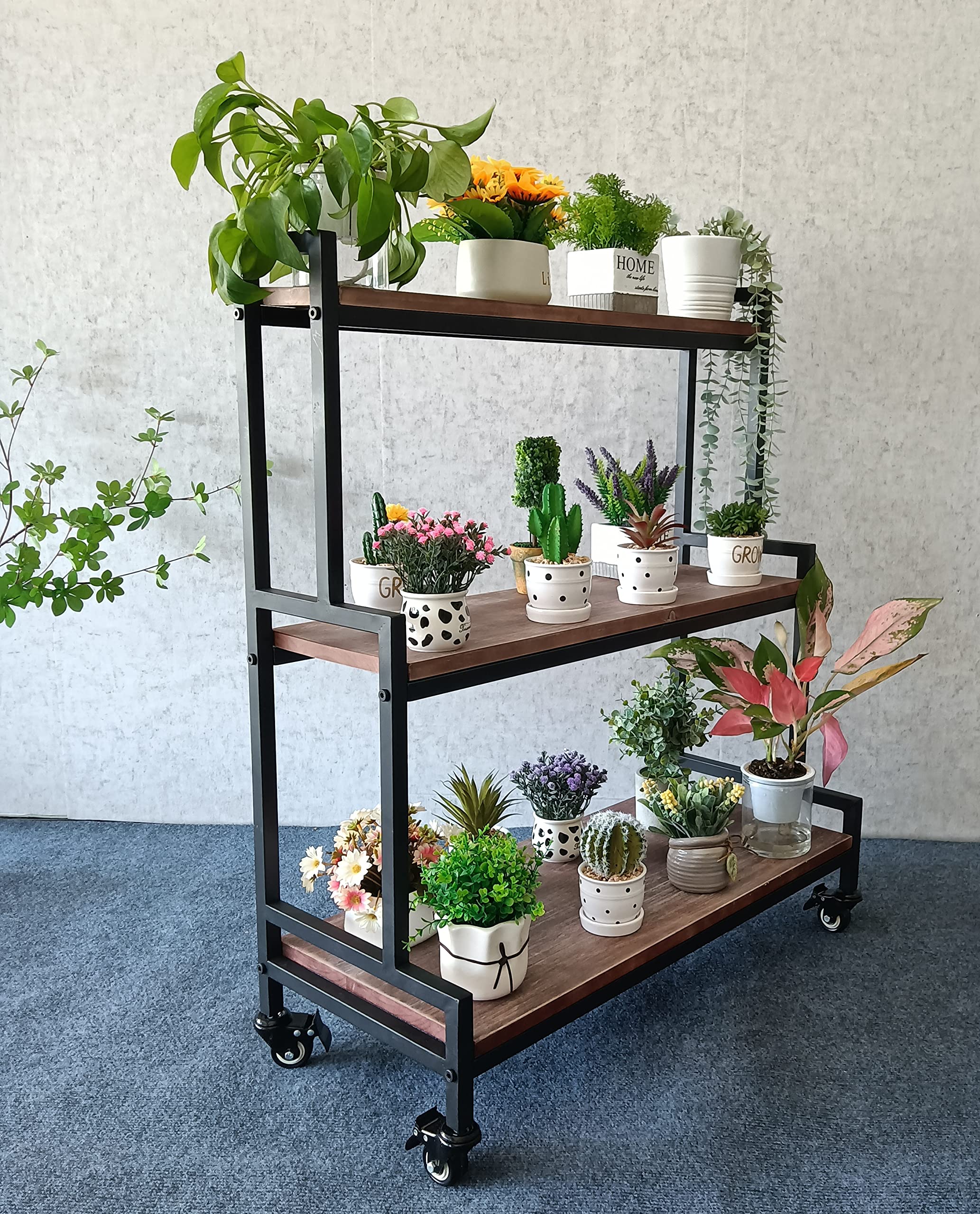 Mobile metal plant shelf with wood shelves