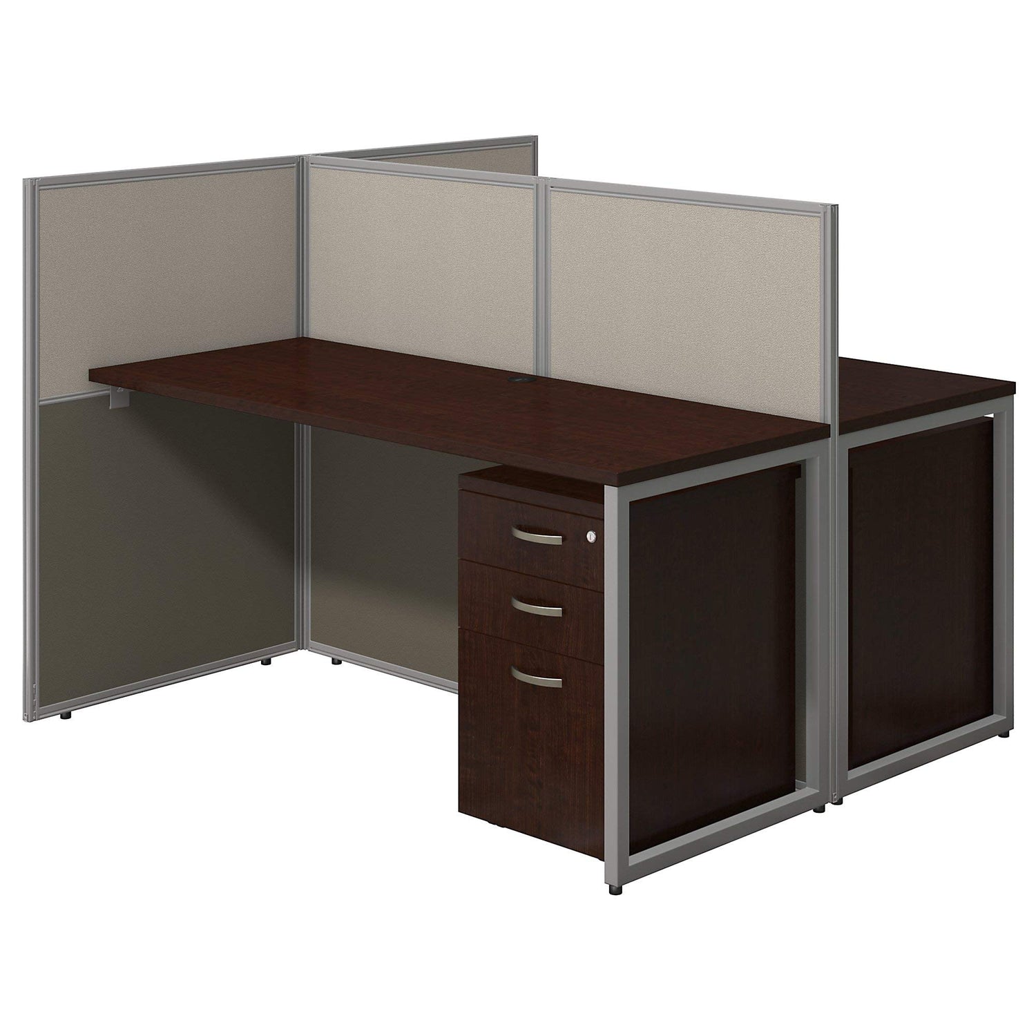 Modern 2-person cubicle desk with mocha cherry finish and built-in file cabinets