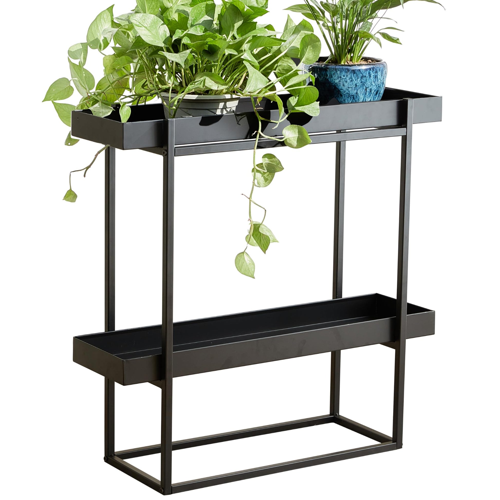 Modern 2-tier black metal plant stand for home and garden