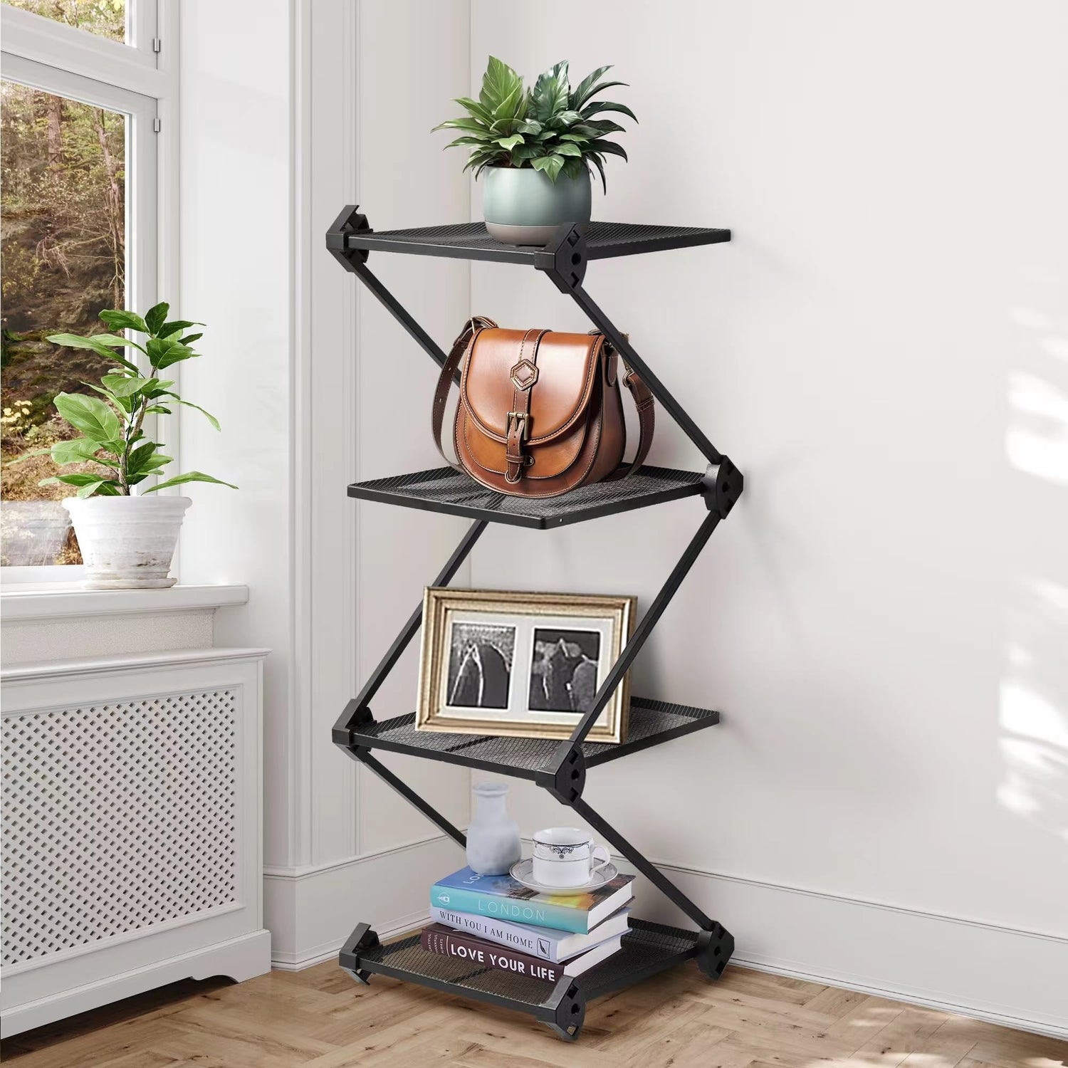 Modern 4 tier black metal corner shelf for home decor