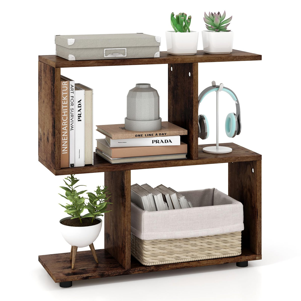 Modern S-shaped 2-tier bookshelf for small spaces and home offices