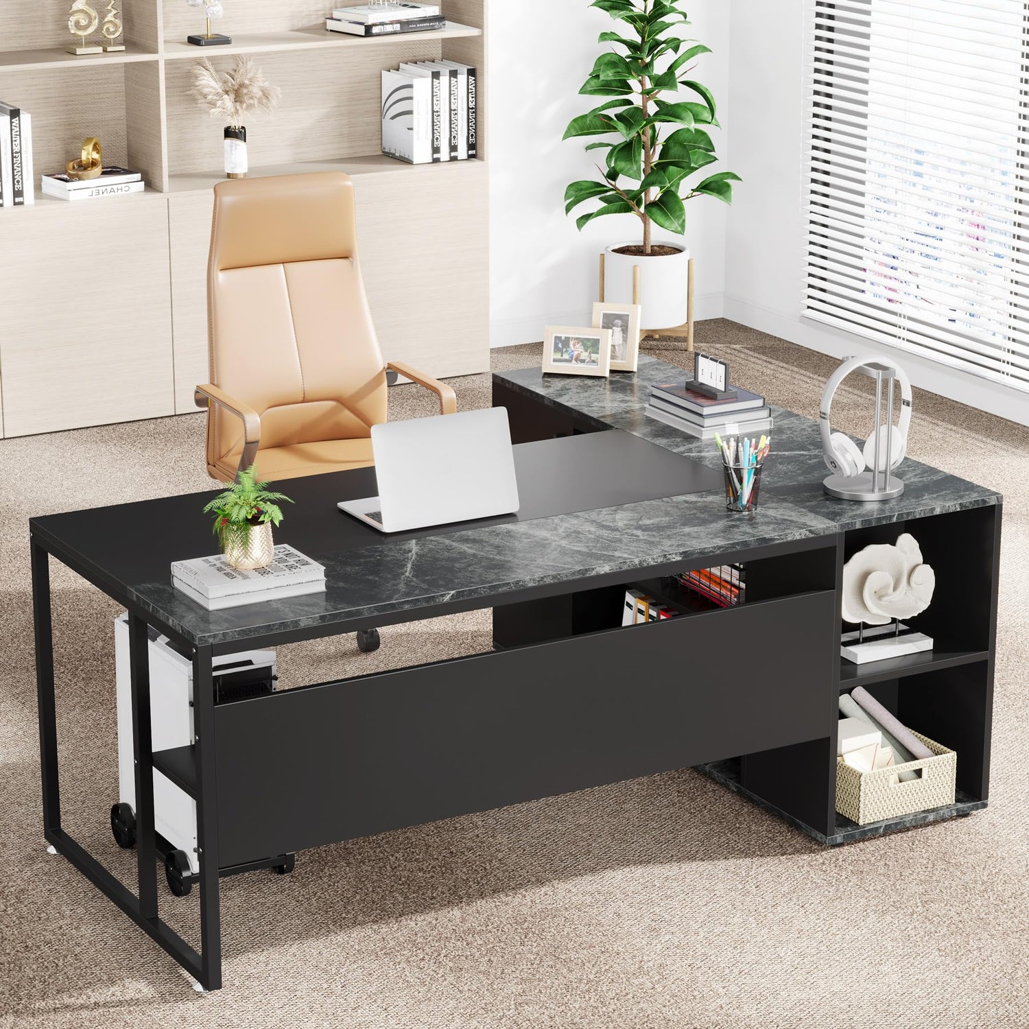 Modern home office desk setup with ergonomic workspace