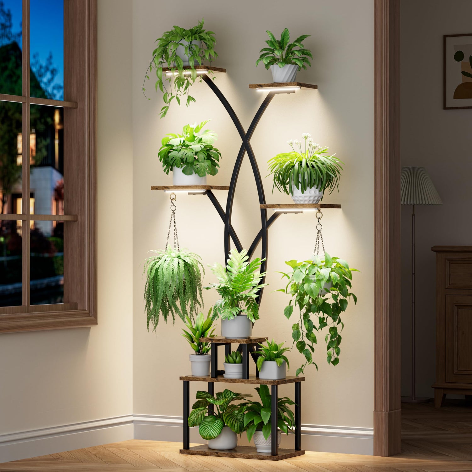 Modern indoor plant stand with sturdy metal frame and hanging hooks