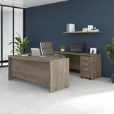 Modern modular office workstation with credenza and file cabinets