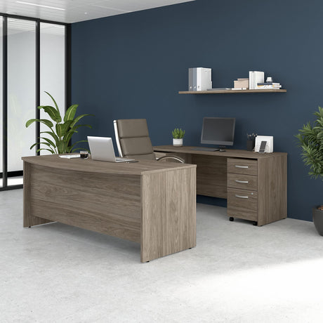 Modern modular office workstation with credenza and file cabinets