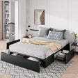 Modern queen size platform bed with upholstered frame, storage drawers, and a sleek black finish, perfect for contemporary bedrooms.