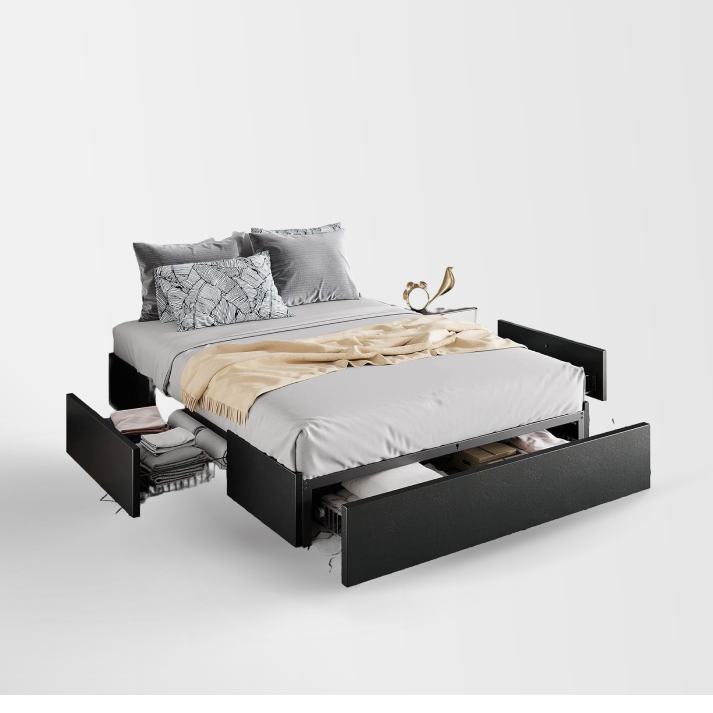 Queen Size Platform Bed Frame with 3 Storage Drawers – Modern Design