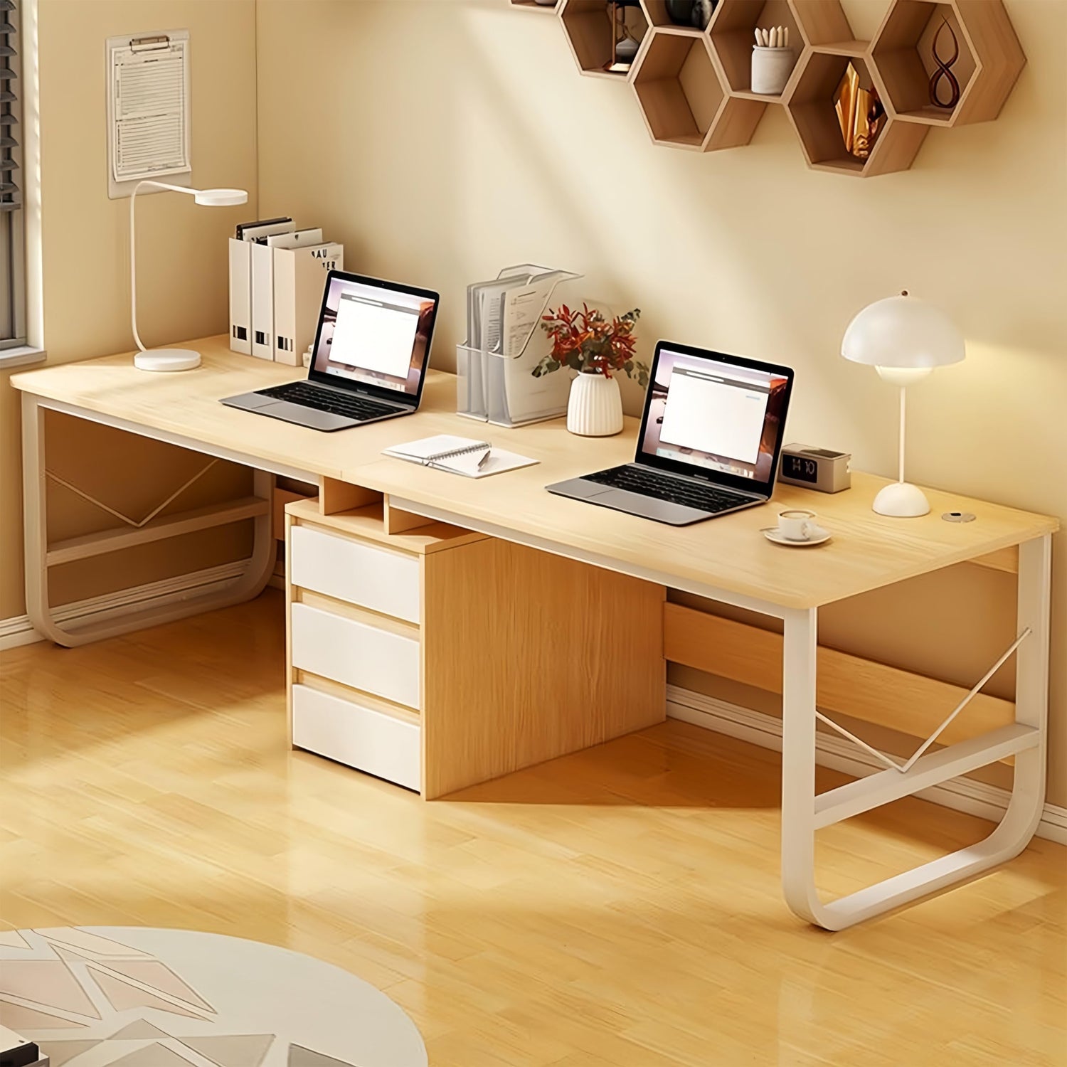 Modern two-person office desk with three drawers, ideal for home or office workstations.