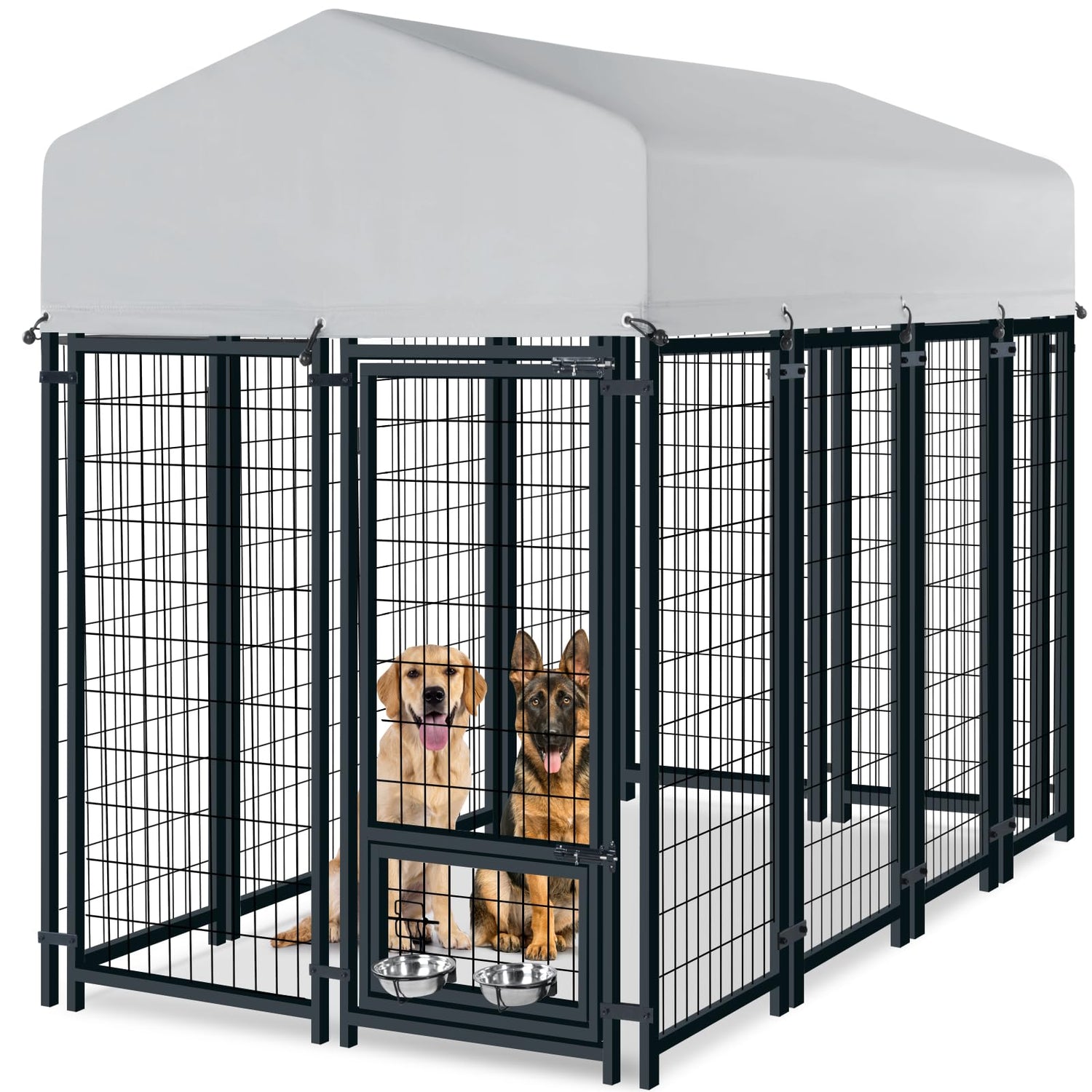 Modular panel dog run with UV tarp and secure locking door