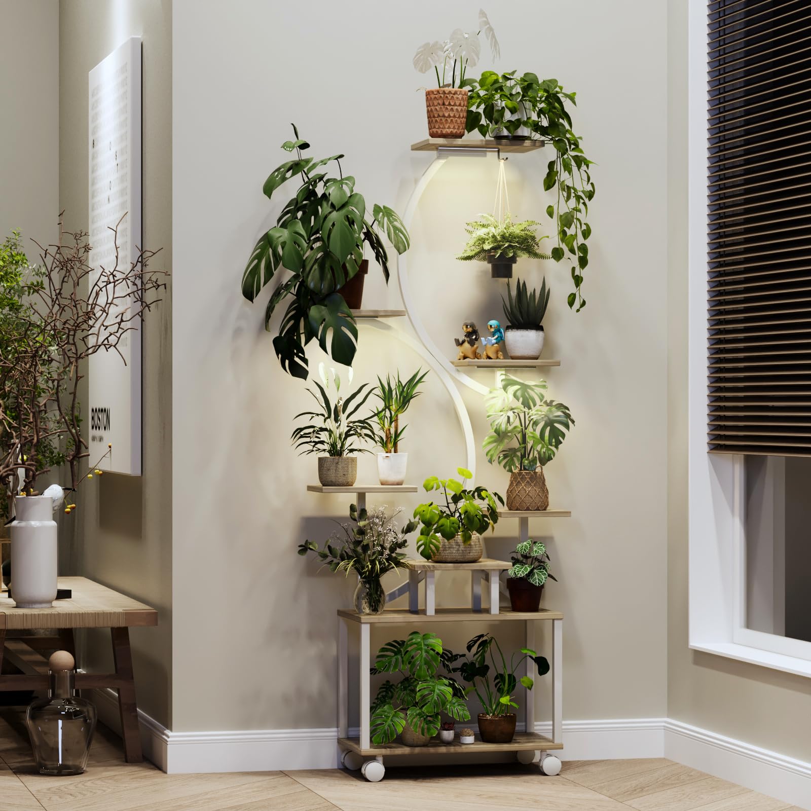 Multi-tier indoor plant shelf with full-spectrum LED lighting