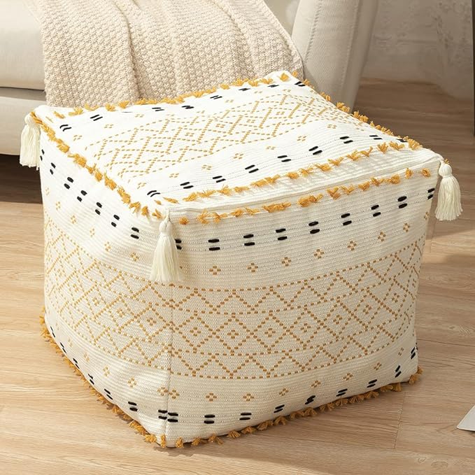 Boho Neutral Decorative Square Unstuffed Pouf - Braided Handwoven Casual Ottoman