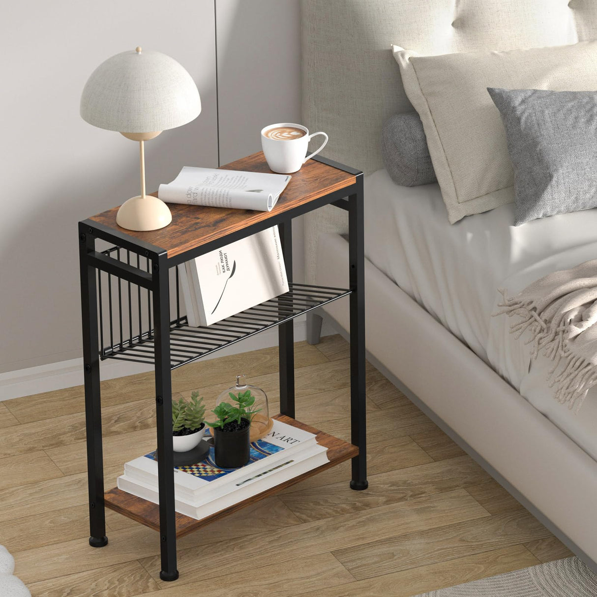 Narrow side table next to sofa with books and coffee on top