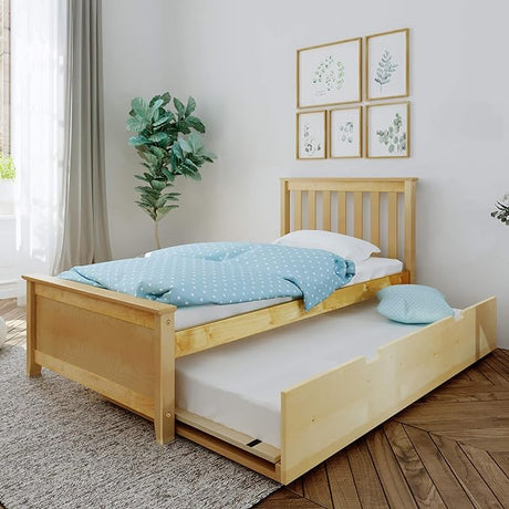 Twin Bed, Wood Bed Frame with Headboard For Kids with Trundle