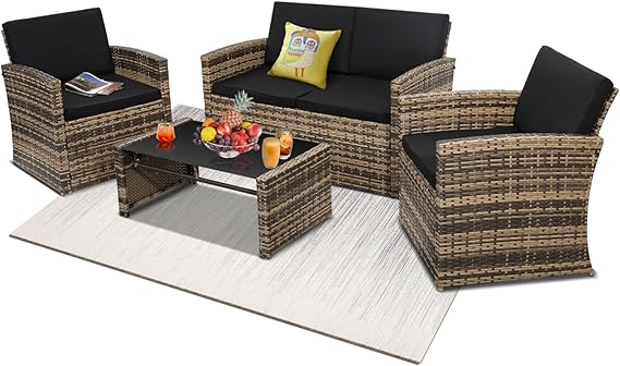 4 Pieces Patio Conversation Set, Outside Rattan Sectional Sofa