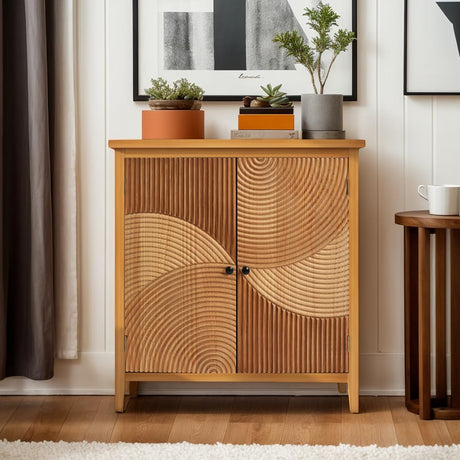 Natural Wood Geometric Pattern Cabinet – Front View with Carved Doors