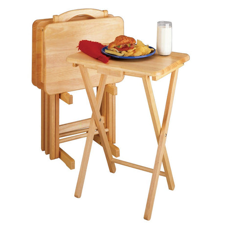 Natural finish snack tables with compact stand


