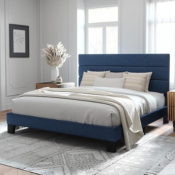 King Bed Frame Platform Bed with Fabric Upholstered Headboard and Wooden Slats Support
