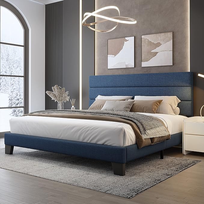 King Bed Frame Platform Bed with Velvet Upholstered Headboard