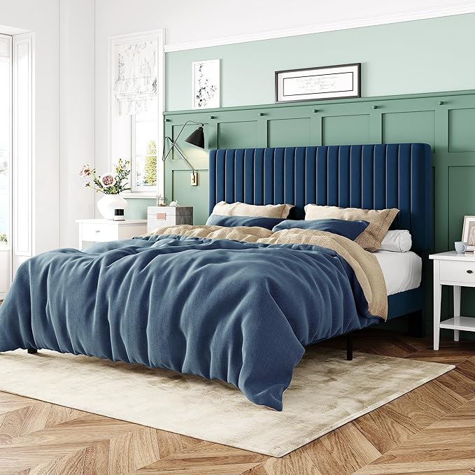 Queen Bed Frame, Velvet Upholstered Platform Bed